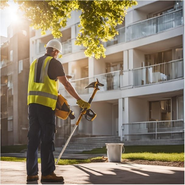 Reil-Service Hausmeisterdienst- Neustadt Am Rübenberge. JPG Ein Bauarbeiter mit einer Maschine steht vor einem Wohngebäude im Sonnenlicht.