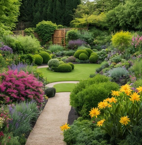 Reil-Service Gartenpflege - Neustadt am Rübenberge. JPG Friedlicher Garten mit bunten Blumen, gepflegten Sträuchern und einem geschwungenen Weg.