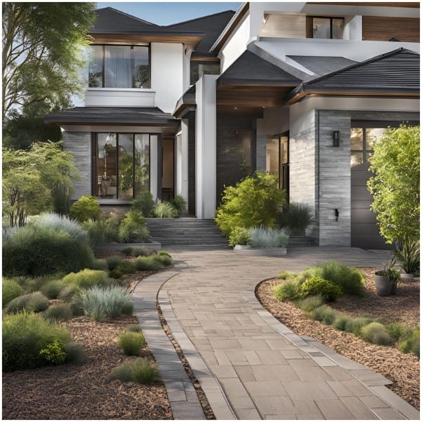 Reil-Service Objektpflege. Neustadt am Rübenberge. JPG Moderne Hausfassade mit gepflegtem Garten und gepflastertem Weg.